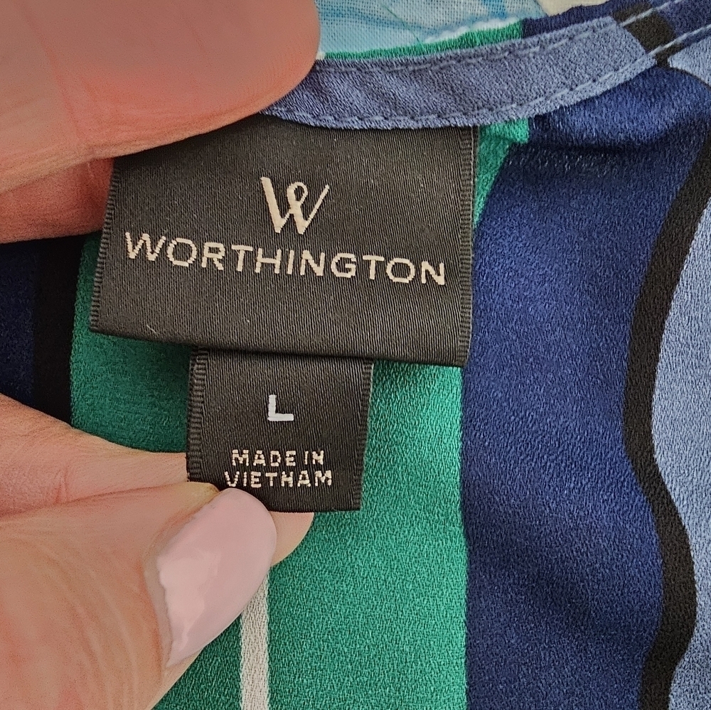 Worthington Green and Blue Striped Blouse Women's Size Large - Picture 4 of 8